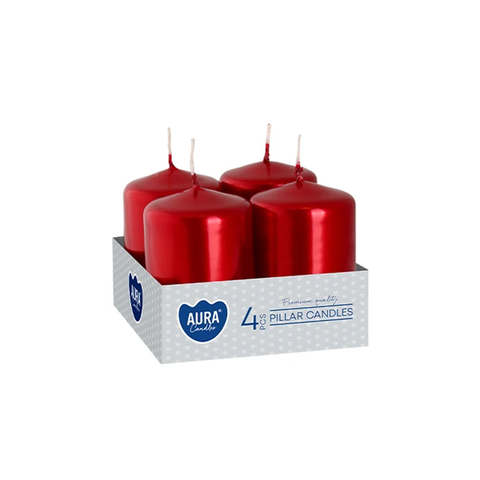 Adventní svíčky Aura – červené metalické / 4 ks / Ø 38 mm × výška 60 mm