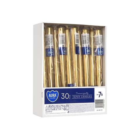 Svíčka konická Aura – metalik zlatá / 24,5 cm / ~7 h / Ø 23 mm