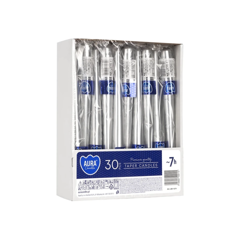 Svíčka konická Aura – metalik stříbrná / 24,5 cm / ~7 h / Ø 23 mm
