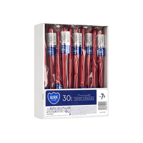 Svíčka konická Aura – metalik červená / 24,5 cm / ~7 h / Ø 23 mm