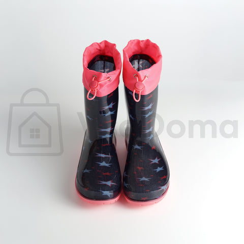 Dětské gumové holínky - Černé s hvězdami a růžovým lemem