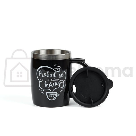 Termo hrnek s víčkem 450 ml – „Zahřeju Tě!“ / „Probuď se s vůní kávy“