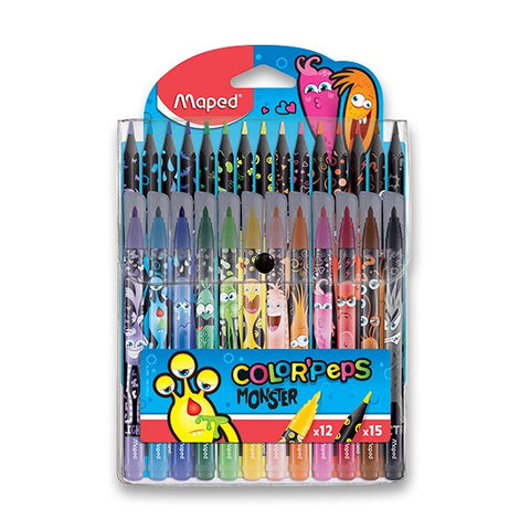 Dětské fixy a pastelky Maped Color'Peps Monster - 12 fixů a 15 pastelek